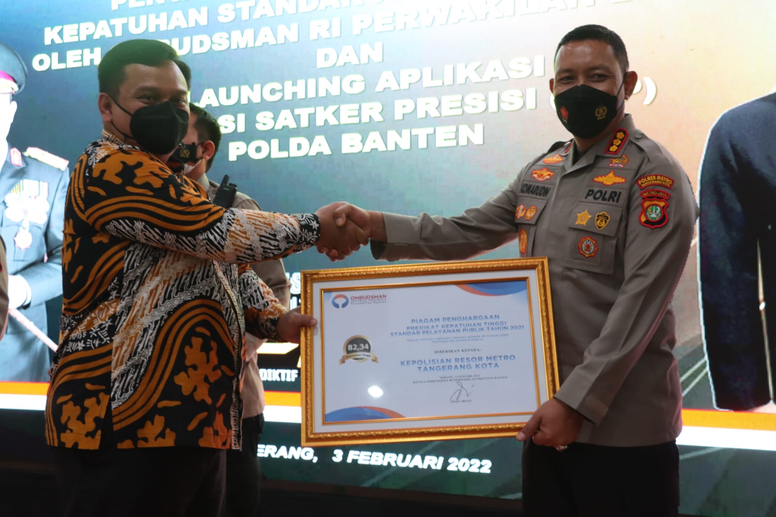 Raih Predikat Zona Hijau Kepatuhan Standar Pelayanan Publik, Polres Metro Tangerang Kota Mendapat Penghargaan dari Ombudsman