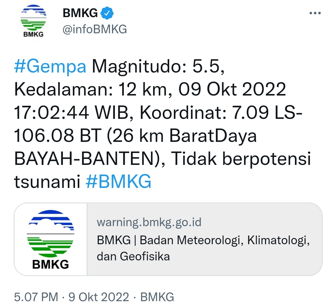 Gempa Magnitudo 5,5 Guncang Barat Daya Bayah Banten